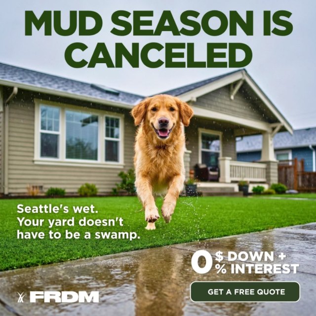 FRDM ad: mud season is canceled, a golden retriever running across turf in the rain