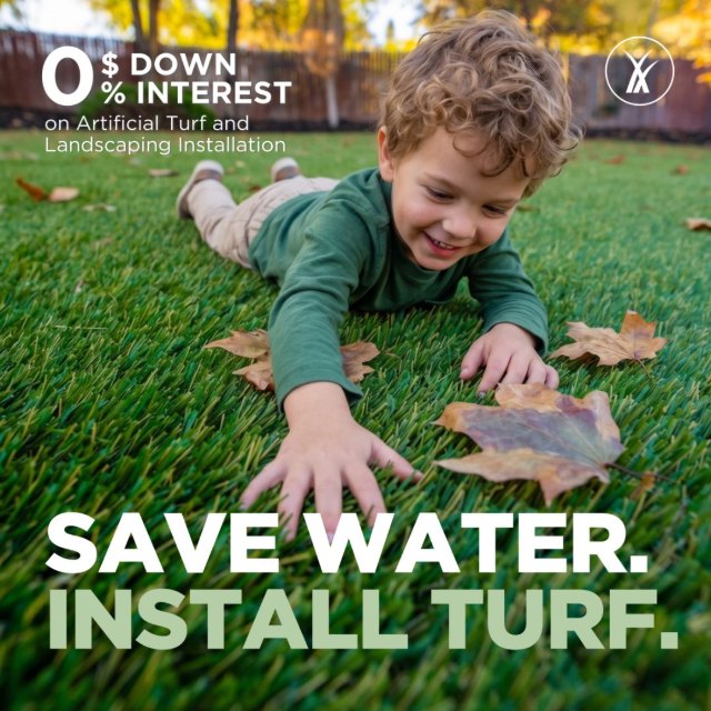 FRDM ad: save water, install turf, a child playing on artificial grass