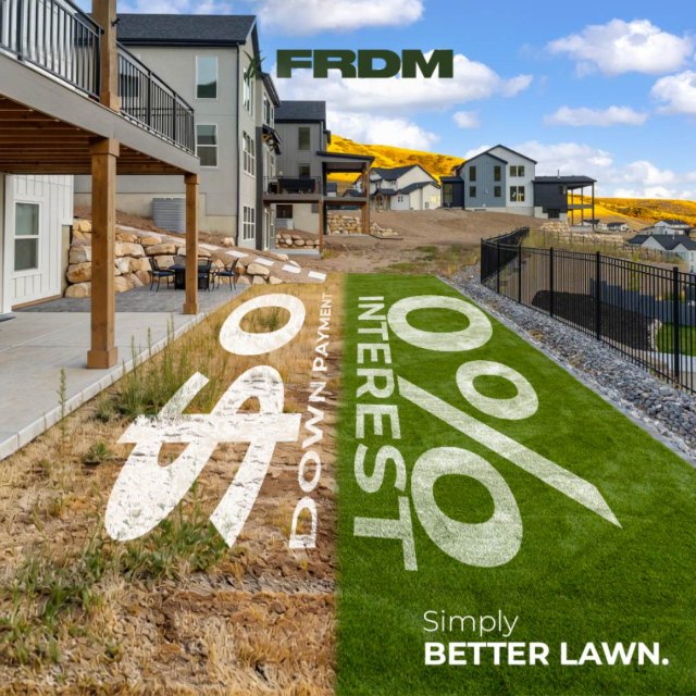 FRDM ad: $0 down and 0% interest painted across a half dead, half turf lawn