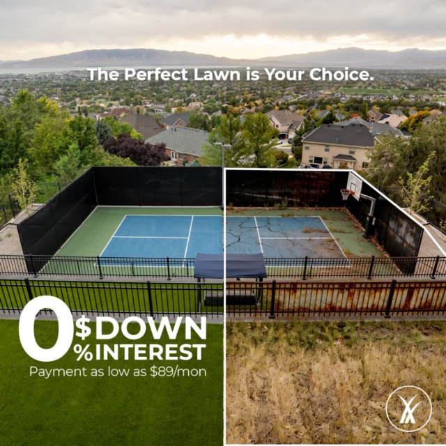 FRDM ad: the perfect lawn is your choice, a sport court before and after, payments as low as $89 a month