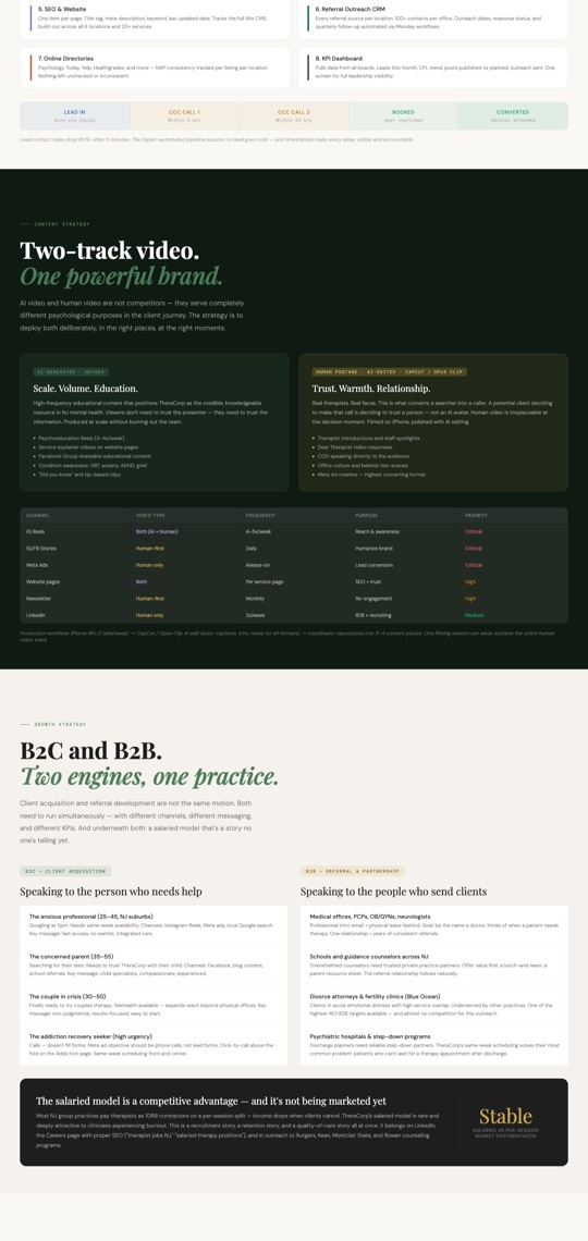 TheraCorp marketing proposal website, top of the homepage